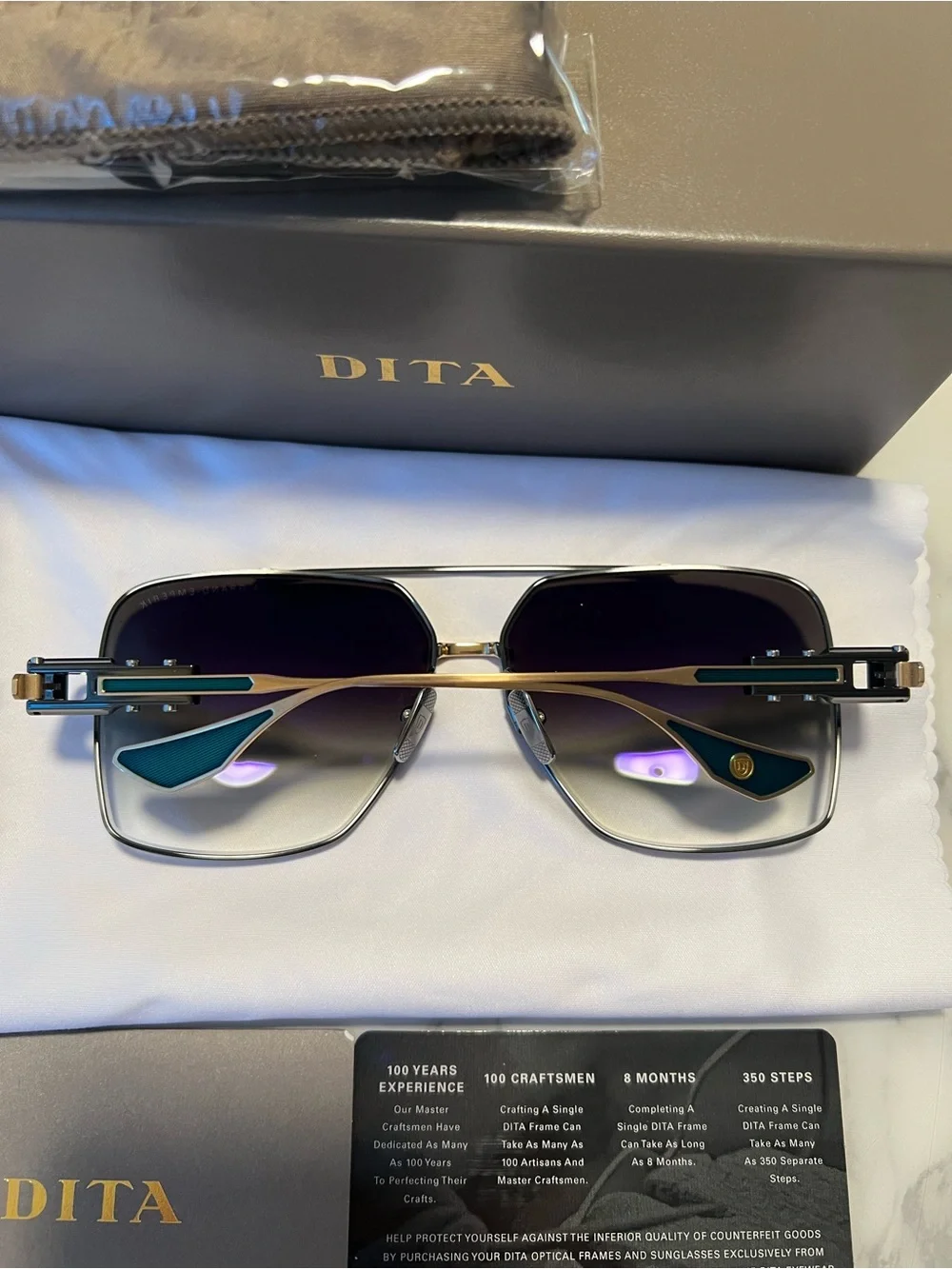 DITA Black & Gold Rectangular Aviator Sunglasses